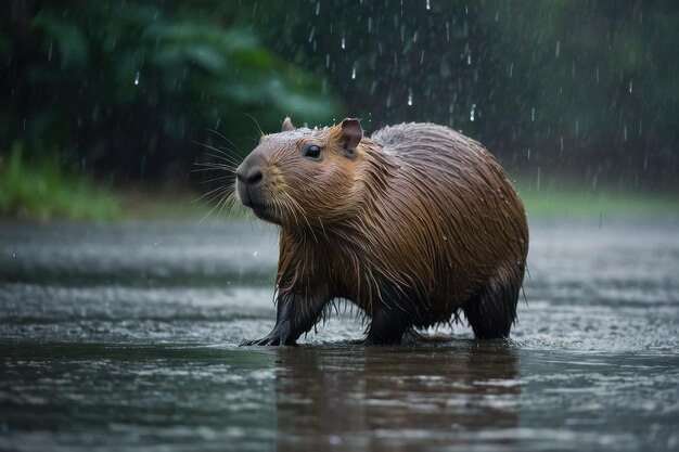 Foto capibara bajo la lluvia