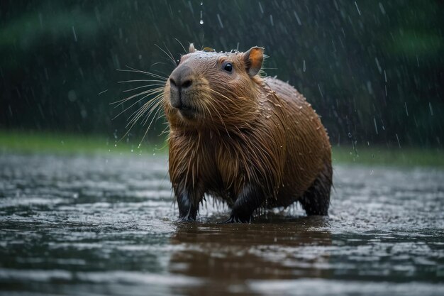 Capibara bajo la lluvia