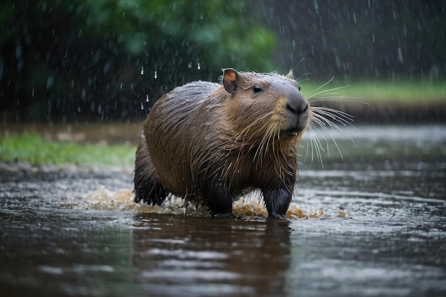 Foto capibara bajo la lluvia