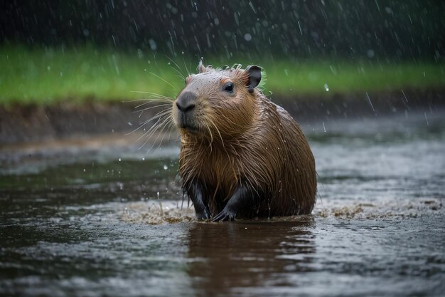 Foto capibara bajo la lluvia