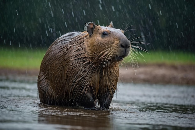 Foto capibara bajo la lluvia