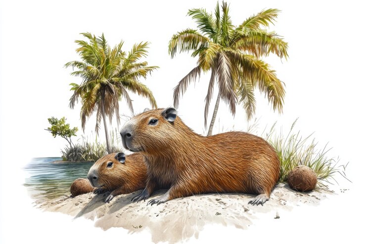 Foto un capibara marrón yace en el suelo junto a otro capibara