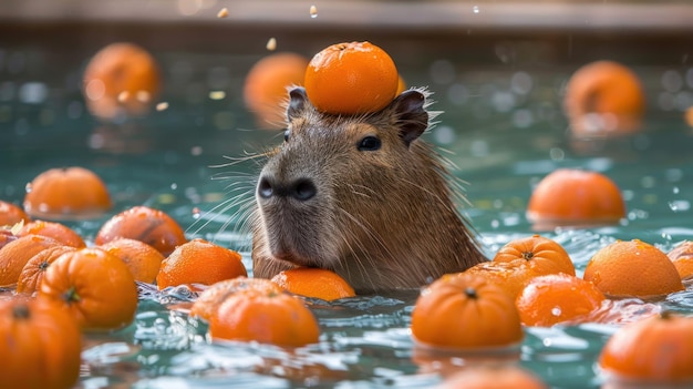 El capibara nada en una piscina con mandarinas
