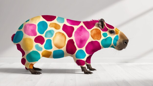 Un capibara con un pelaje de patrones multicolores se encuentra en una habitación soleada