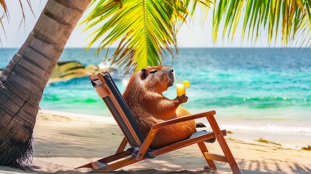 capibara sentado y relajándose en una silla de descanso en una playa de arena en la costa del Caribe bebiendo un m