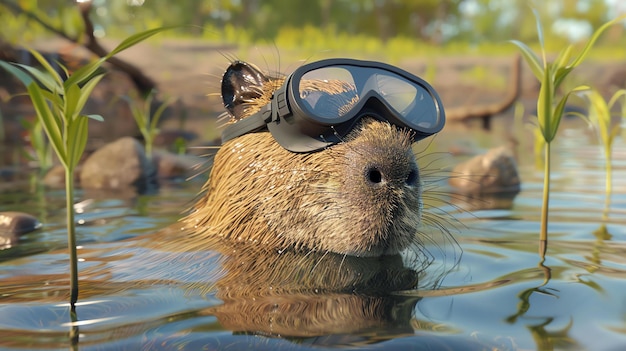 Foto un capibara con un tubo de baño nada en un río el capibara es un gran roedor que es originario de américa del sur