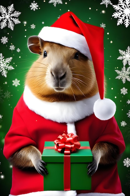 Foto capibara vestida como santa sostiene un regalo sobre fondo verde de navidad