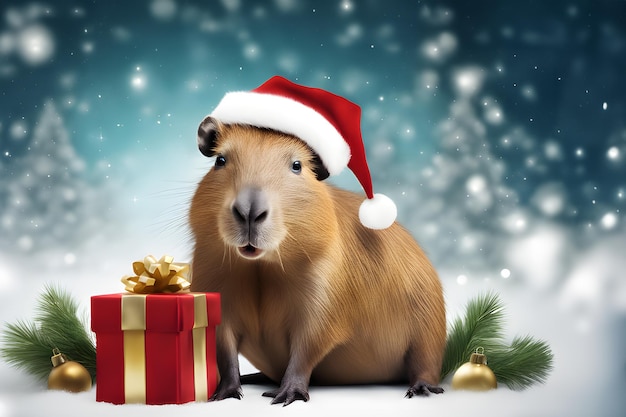 capibara vestido de Papai Noel com presentes em fundo de neve de Natal