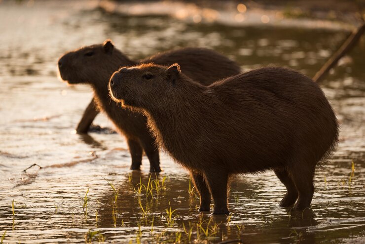 Foto capíbaras na margem do lago durante o pôr-do-sol