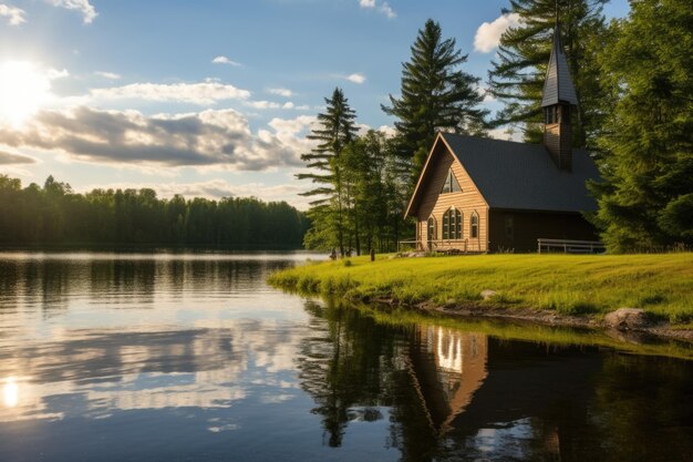 Una capilla de campamento juvenil junto a un lago