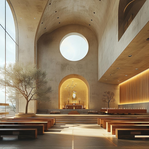 Capilla modernista con líneas arquitectónicas simples y luz natural