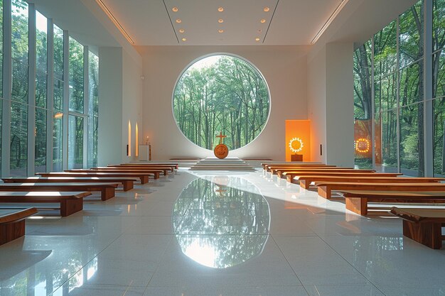 Capilla modernista con líneas arquitectónicas simples y luz natural