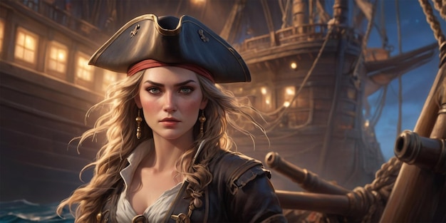 Capitã pirata feminina de pé no seu navio