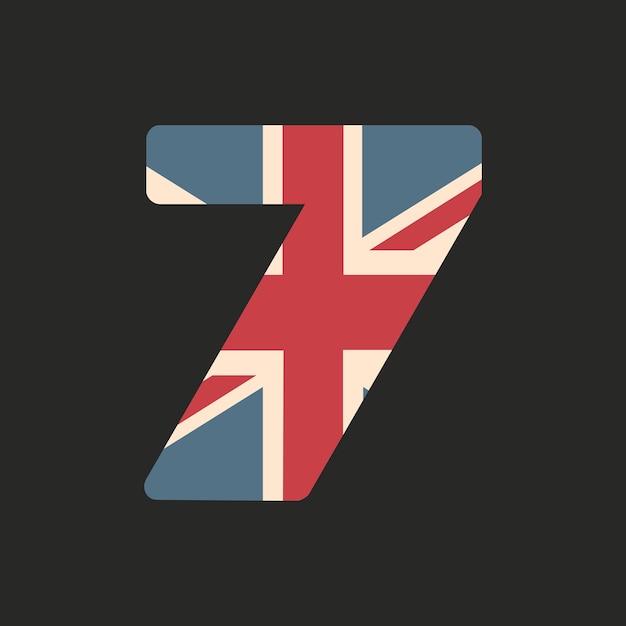 Capital número siete con textura de bandera del Reino Unido aislado sobre fondo negro Ilustración vectorial Elemento de diseño Alfabeto para niños Fuente patriótica de Gran Bretaña