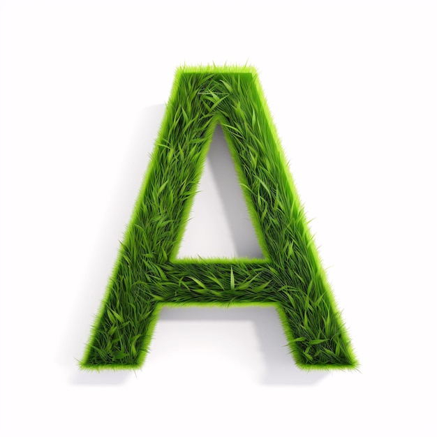 Una capital con textura de hierba ecológica diseñada en 3D Una carta con un exuberante detalle de planta de pradera está aislada en un fondo blanco con una sombra