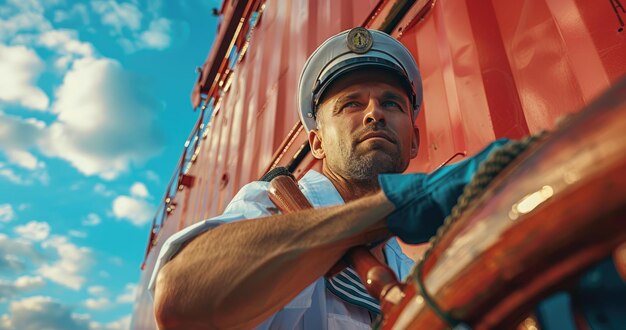 Foto un capitán de barco de carga en uniforme sosteniendo una rueda de barco de pie en la cubierta de un barco de carga de fondo de color sólido