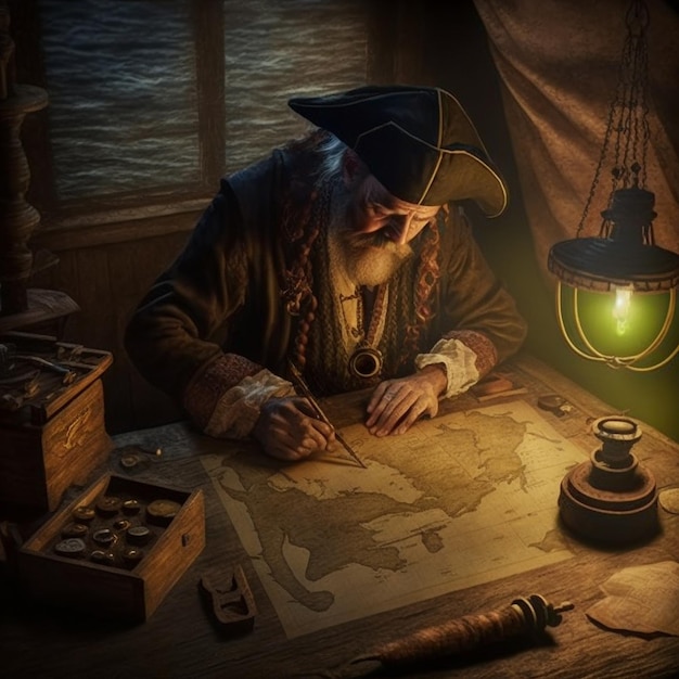 capitán de pirata leyendo un mapa en una cabaña