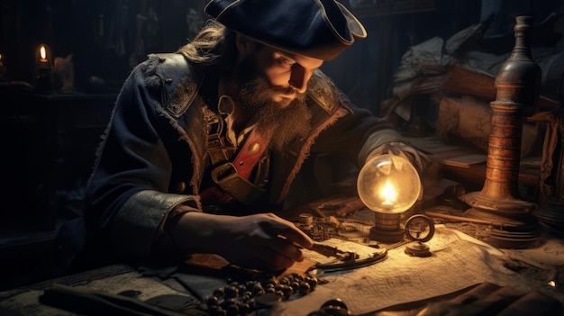 Capitán pirata mirando hacia abajo en el mapa gran camarote de un barco pirata iluminado por lámparas de aceite detallado mapa del tesoro desgastado en una mesa monedas brújula tenue IA generativa