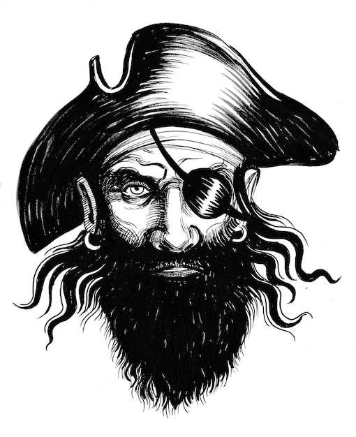 Capitán pirata con parche en el ojo. Dibujo a tinta en blanco y negro