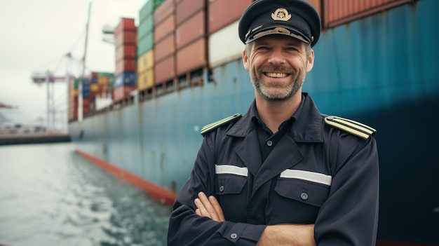 El capitán en uniforme de pie delante de un gran barco