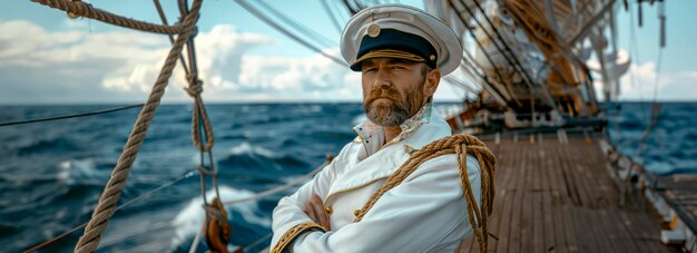 Foto capitão caucasiano aventureiro navegando no mar aberto comandando do convés