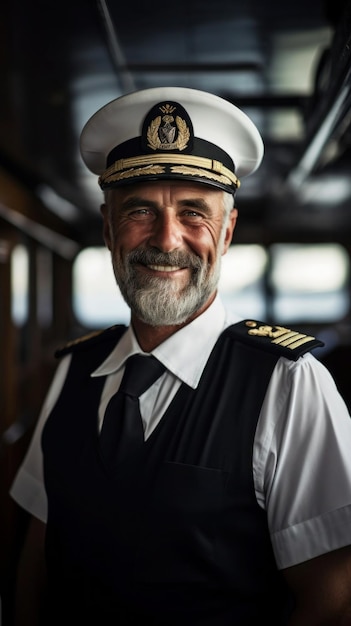 Foto capitão de navio de retrato em uniforme de pé no convés sorrindo calorosamente para a câmera