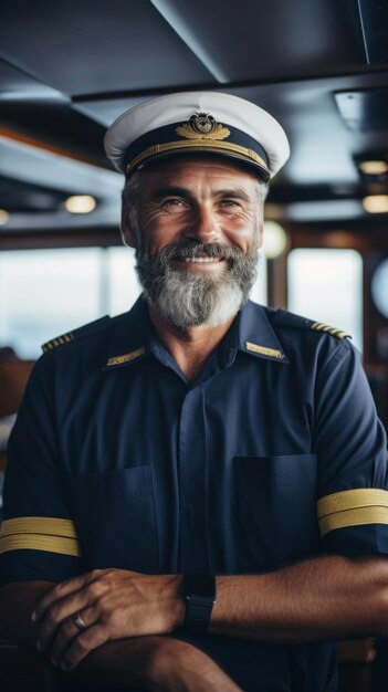 Foto capitão de navio de retrato em uniforme de pé no convés sorrindo calorosamente para a câmera