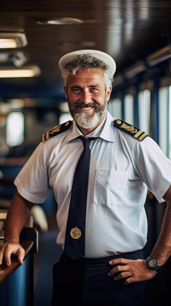 Foto capitão de navio de retrato em uniforme de pé no convés sorrindo calorosamente para a câmera