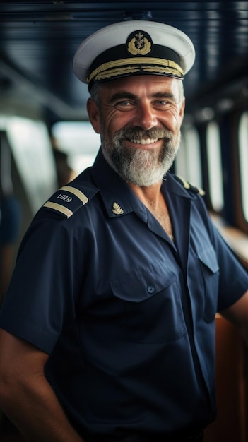 Foto capitão de navio de retrato em uniforme de pé no convés sorrindo calorosamente para a câmera