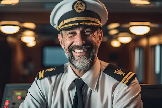 capitão de navio sorridente com bigode de barba e chapéu de oficial