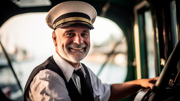 Capitão de táxi aquático sorrindo de amor pelo transporte urbano marítimo