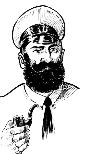 Capitão do mar barbudo com um cachimbo. Desenho de tinta preto e branco