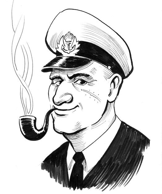 Capitão do mar com cachimbo. Desenho de tinta preto e branco