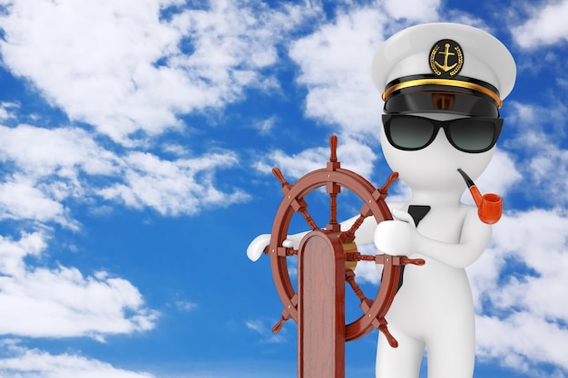 Capitão personagem de desenho animado no navio da Marinha Capitão chapéu com cachimbo e óculos de sol perto de Volante de navio de madeira vintage com suporte em um fundo de céu azul nublado. Renderização 3D