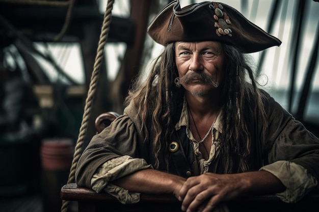 Capitão pirata corsário em fantasia e chapéu em navio medieval no mar Generative AI