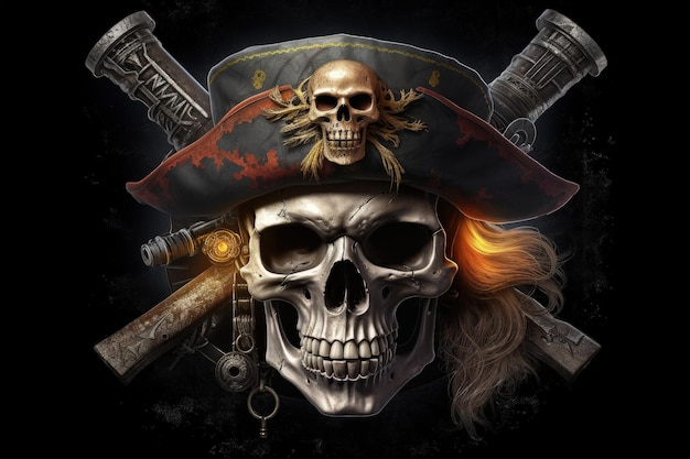 Capitão pirata crânio com chapéu fundo preto conceito de fantasia IA generativa