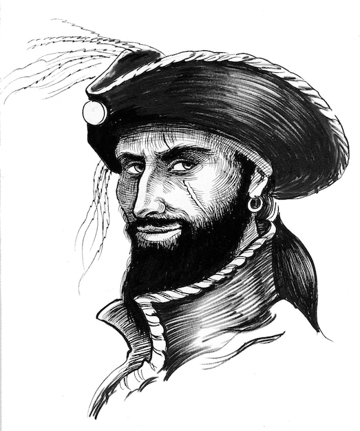 Capitão pirata. Desenho de tinta preto e branco