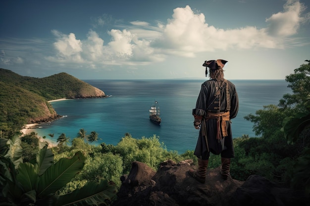 Foto capitão pirata perdido no mar com vista para uma ilha tropical ao longe