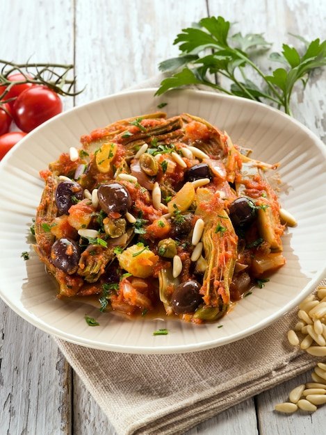 Caponata con atichoke y piñones