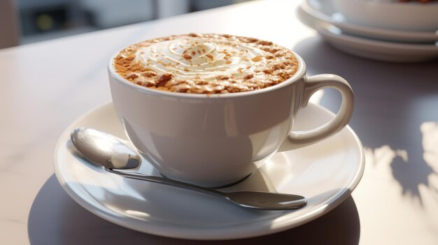 Cappuccino auf einer Untertasse mit Löffel