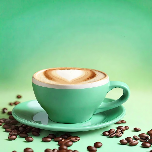 Cappuccino colorido em fundo verde com xícara de café e prato generativo ai