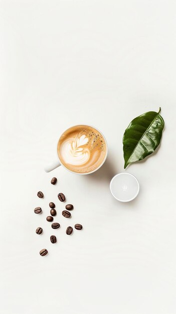 Foto cappuccino com alguns grãos de café torrados e uma folha de uma planta de café em um fundo branco