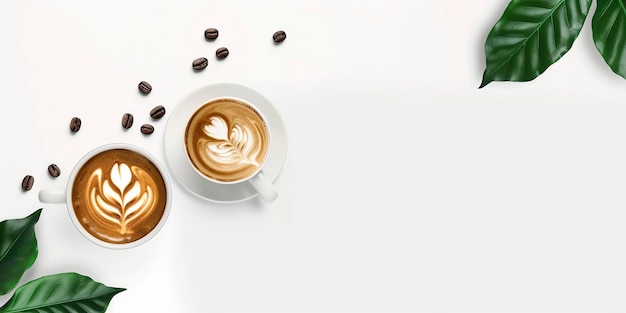 Foto cappuccino com alguns grãos de café torrados e uma folha de uma planta de café em um fundo branco