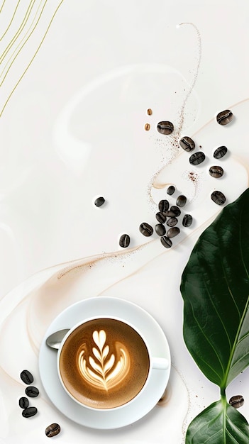 Foto cappuccino com alguns grãos de café torrados e uma folha de uma planta de café em um fundo branco