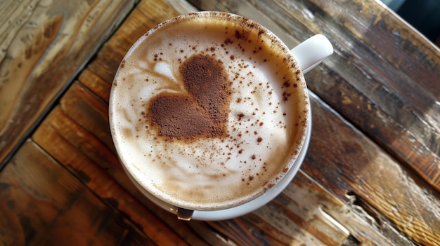 Cappuccino com arte em pó de cacau em forma de coração em uma mesa de madeira recuperada