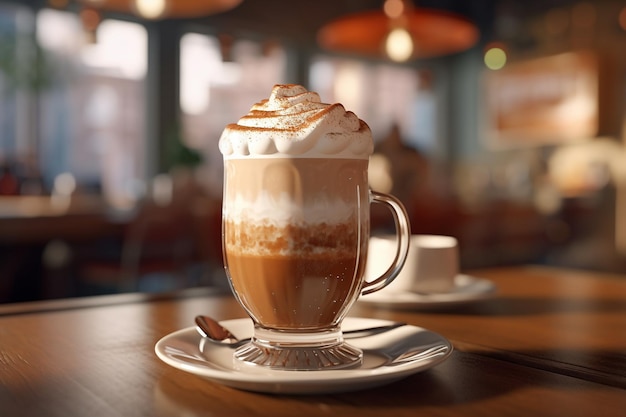 Cappuccino em um copo de vidro sobre a mesa no café com ia gerada