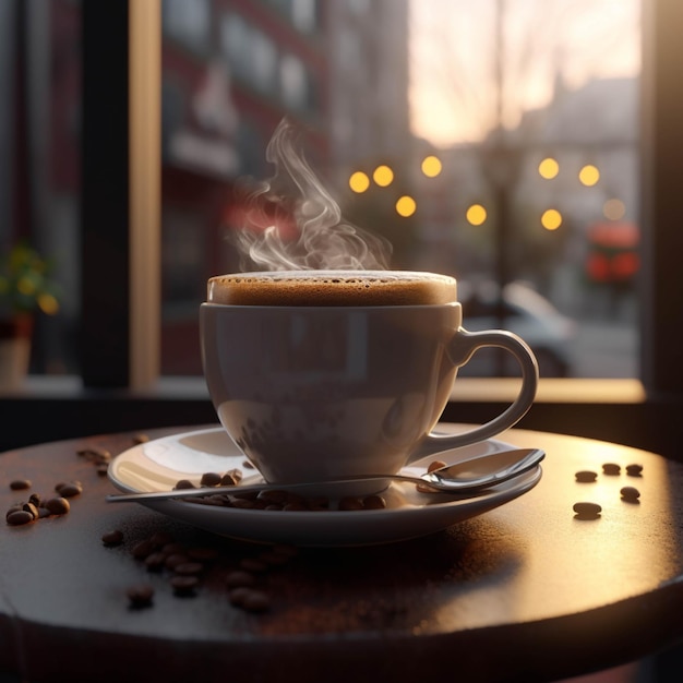 Cappuccino em uma chávena em uma mesa de madeira perto da janela