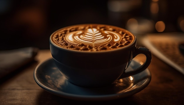 Cappuccino espumoso em mesa de madeira natureza morta rústica gerada por IA