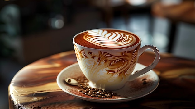 Foto cappuccino espumoso numa mesa de madeira ai generative