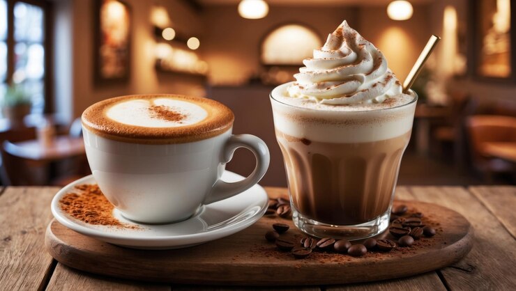 Foto cappuccino italiano tradicional ao lado de cappuccino gelado com creme batido